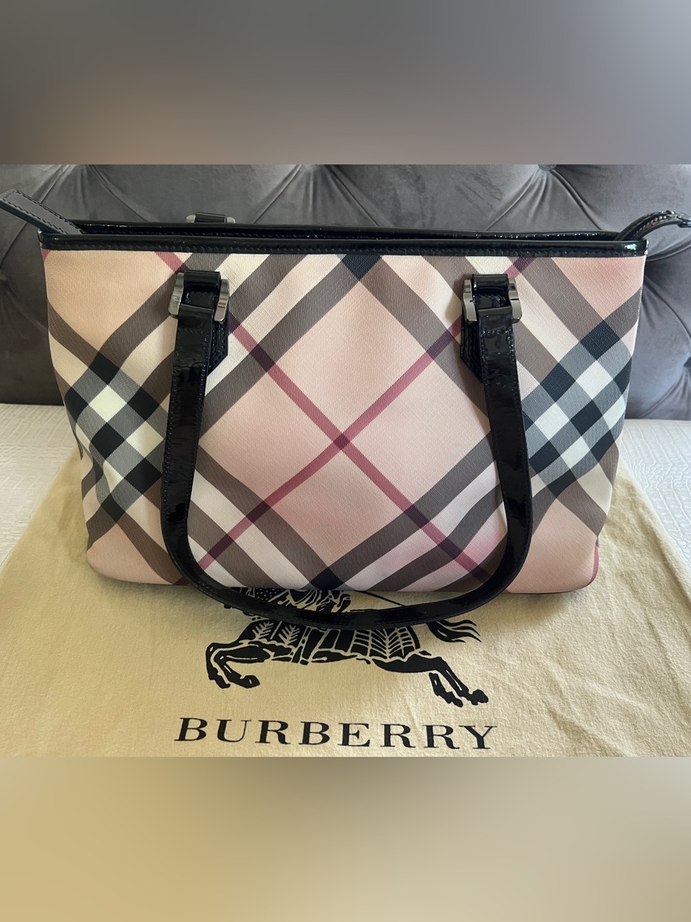 Burberry Super Nova Check Tote with Patent Leather Handles
